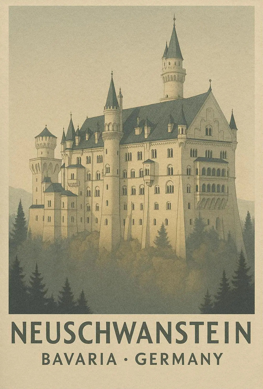 Neuschwanstein Castle Romantic Vintage Travel Poster PosterGoat
