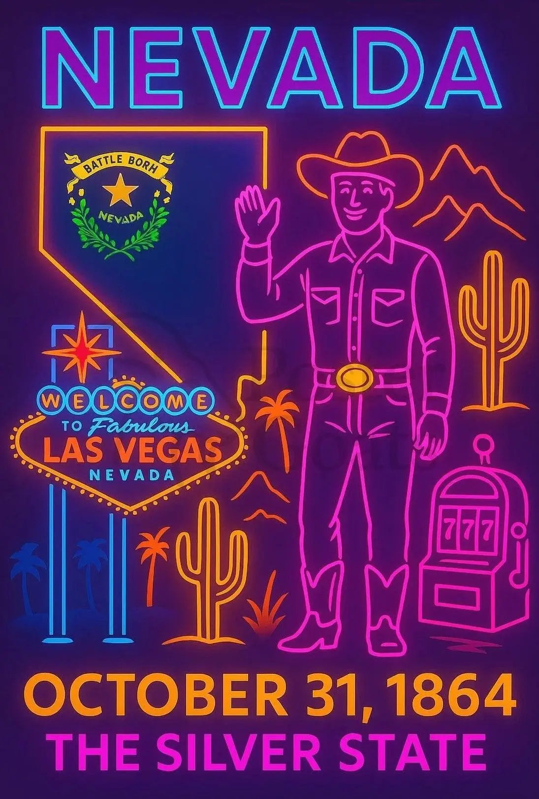 Nevada Celebration Neon Art Travel Poster PosterGoat