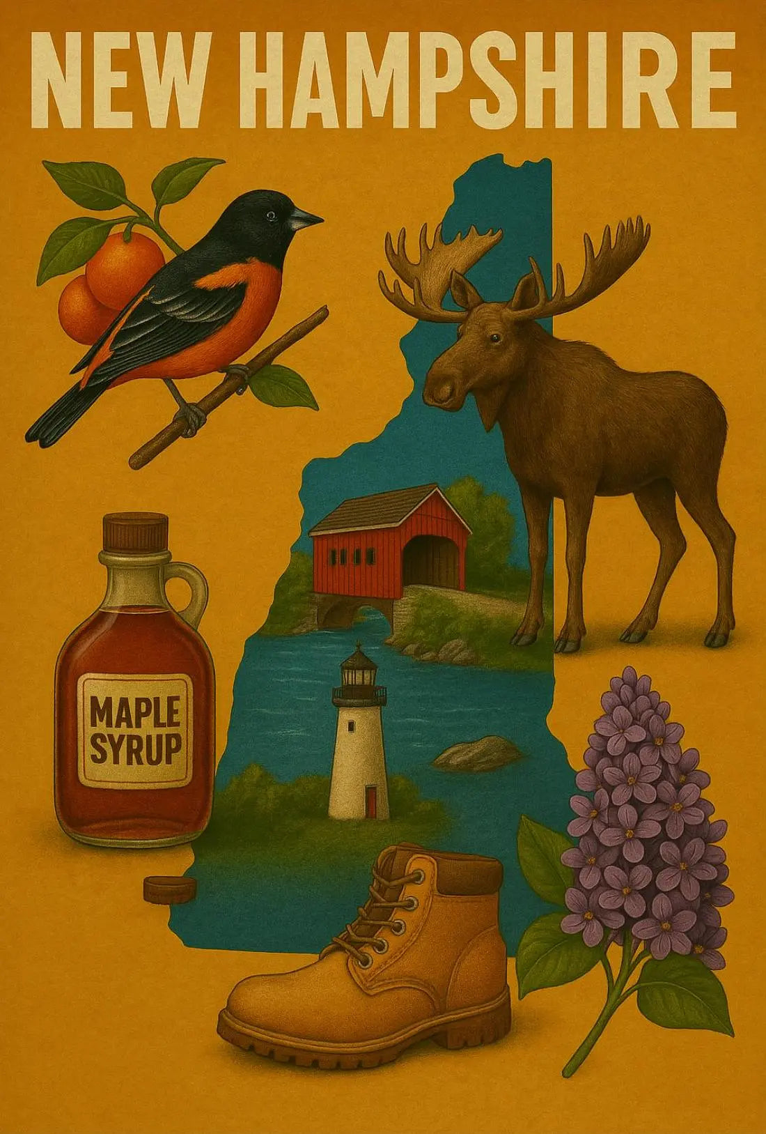 New Hampshire Heritage Illustrated Cultural Poster PosterGoat