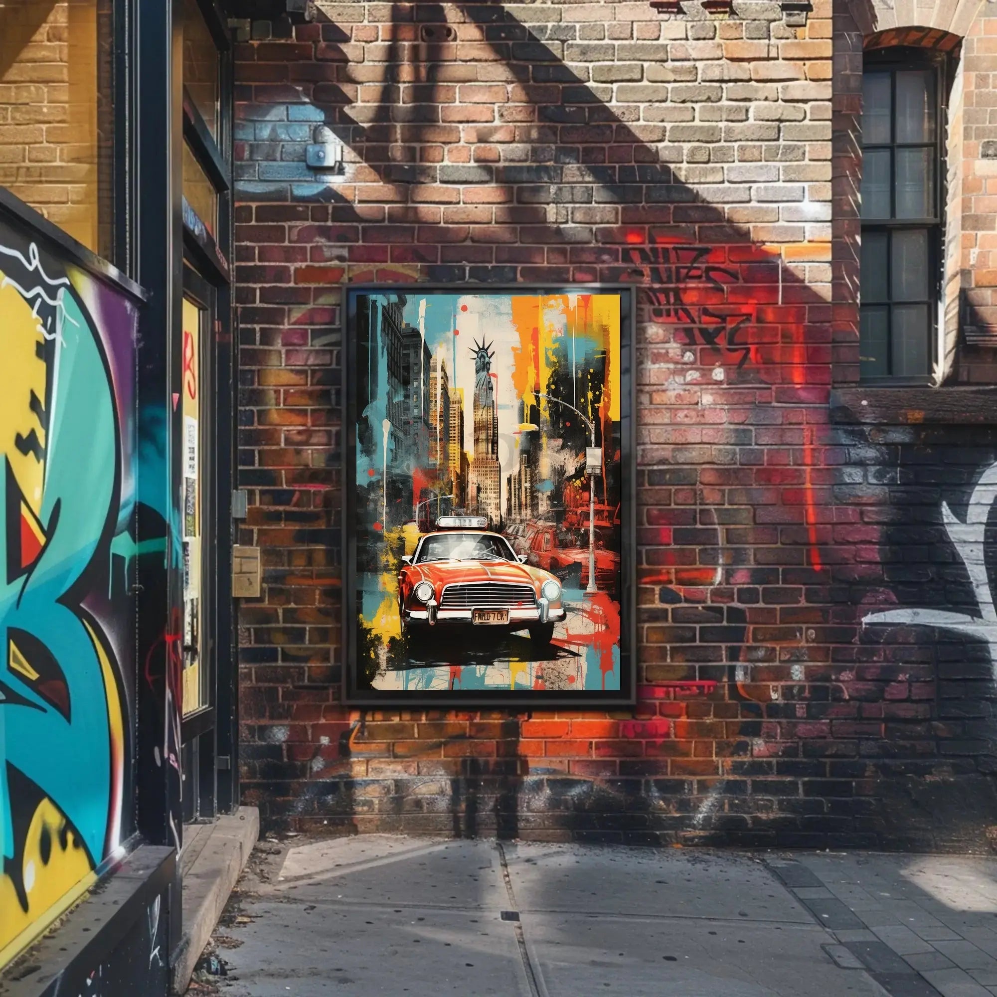 New York City Red Car Graffiti Art Travel Poster PosterGoat