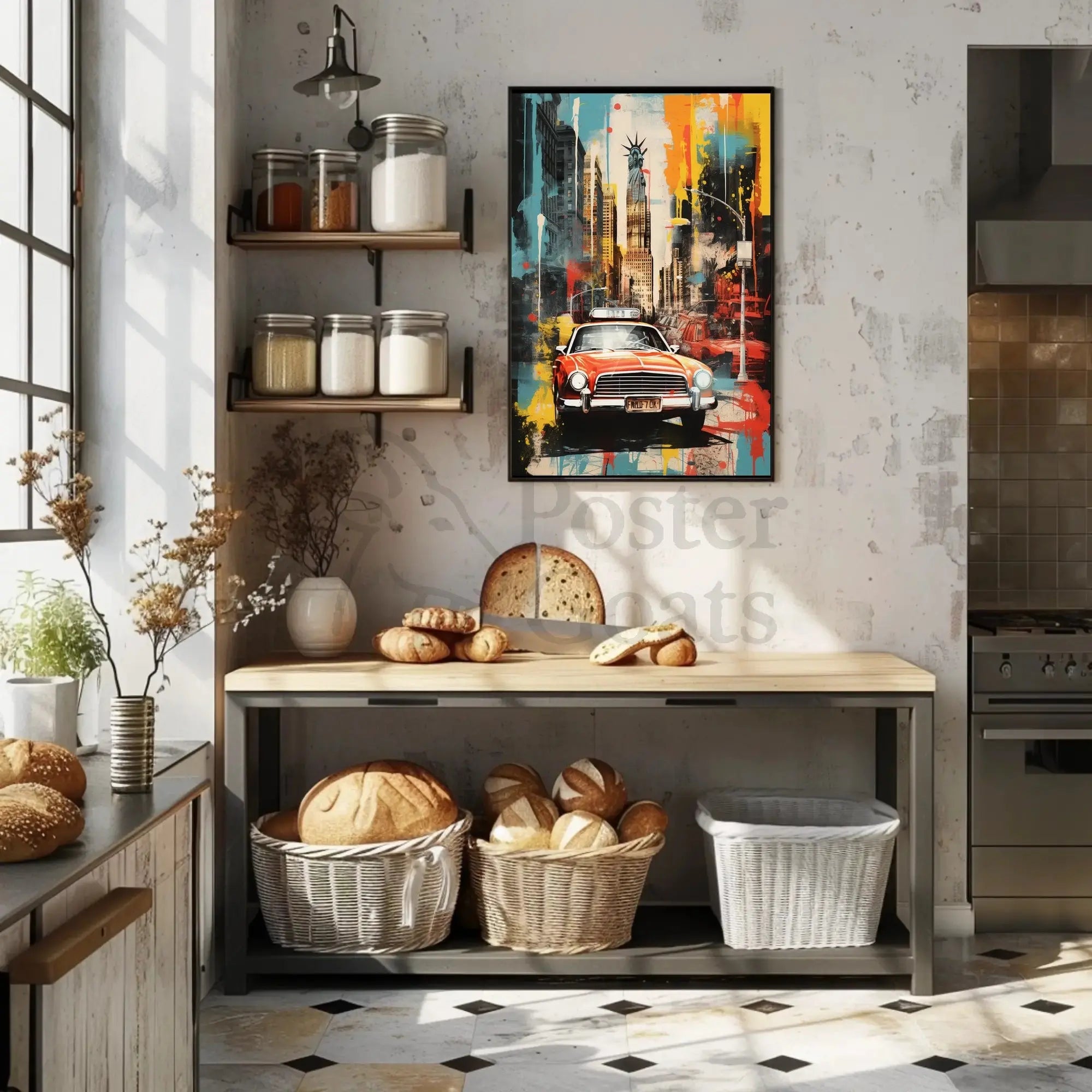 New York City Red Car Graffiti Art Travel Poster PosterGoat