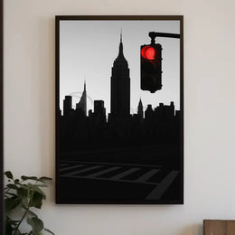 New York Cityscape Pause with Red Light Travel Poster PosterGoat