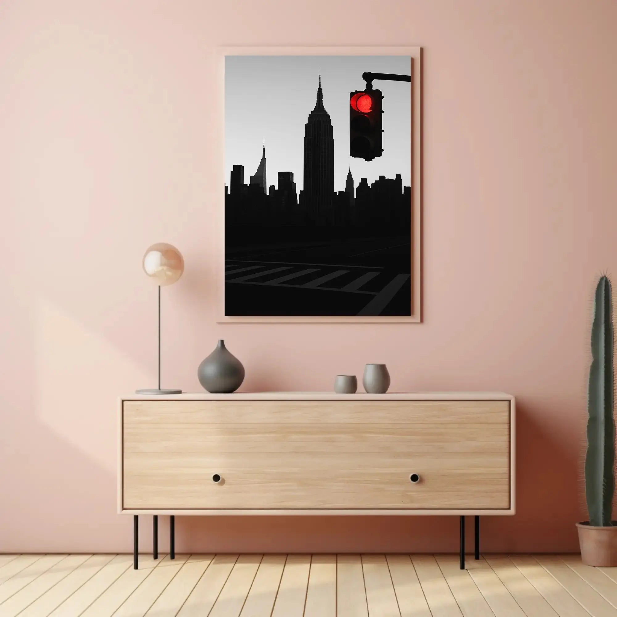 New York Cityscape Pause with Red Light Travel Poster PosterGoat