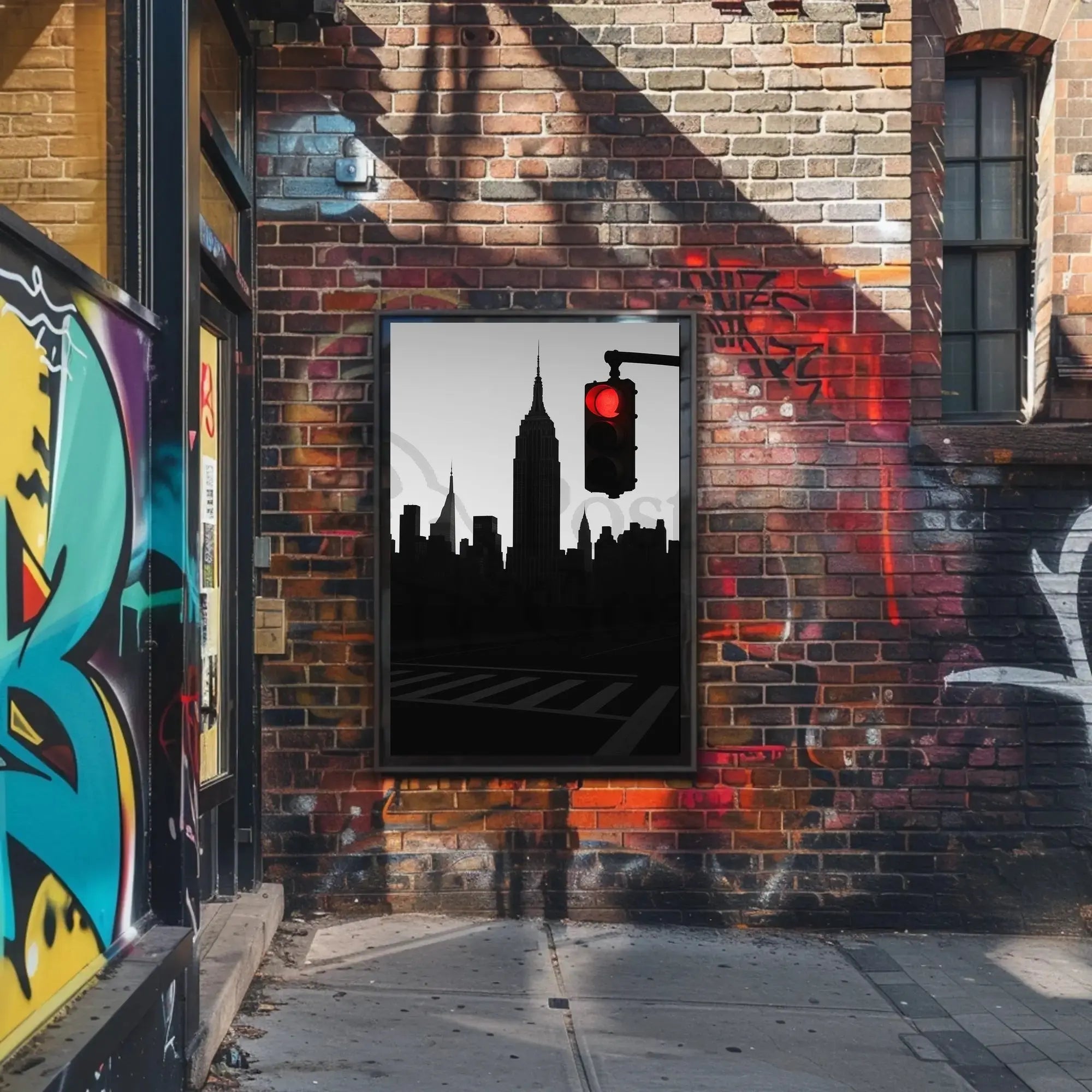 New York Cityscape Pause with Red Light Travel Poster PosterGoat