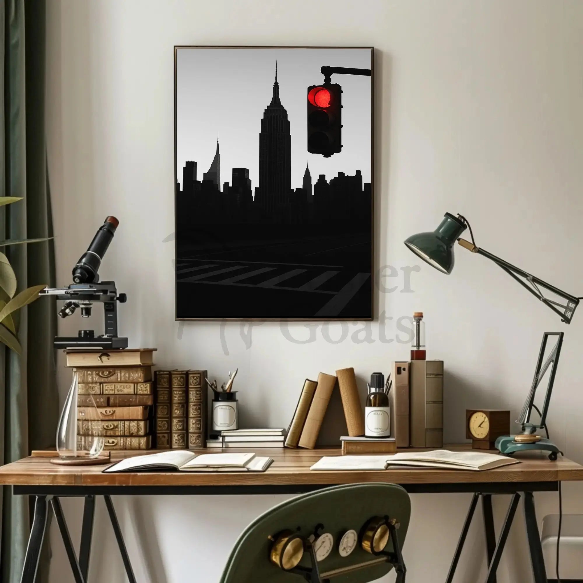 New York Cityscape Pause with Red Light Travel Poster PosterGoat