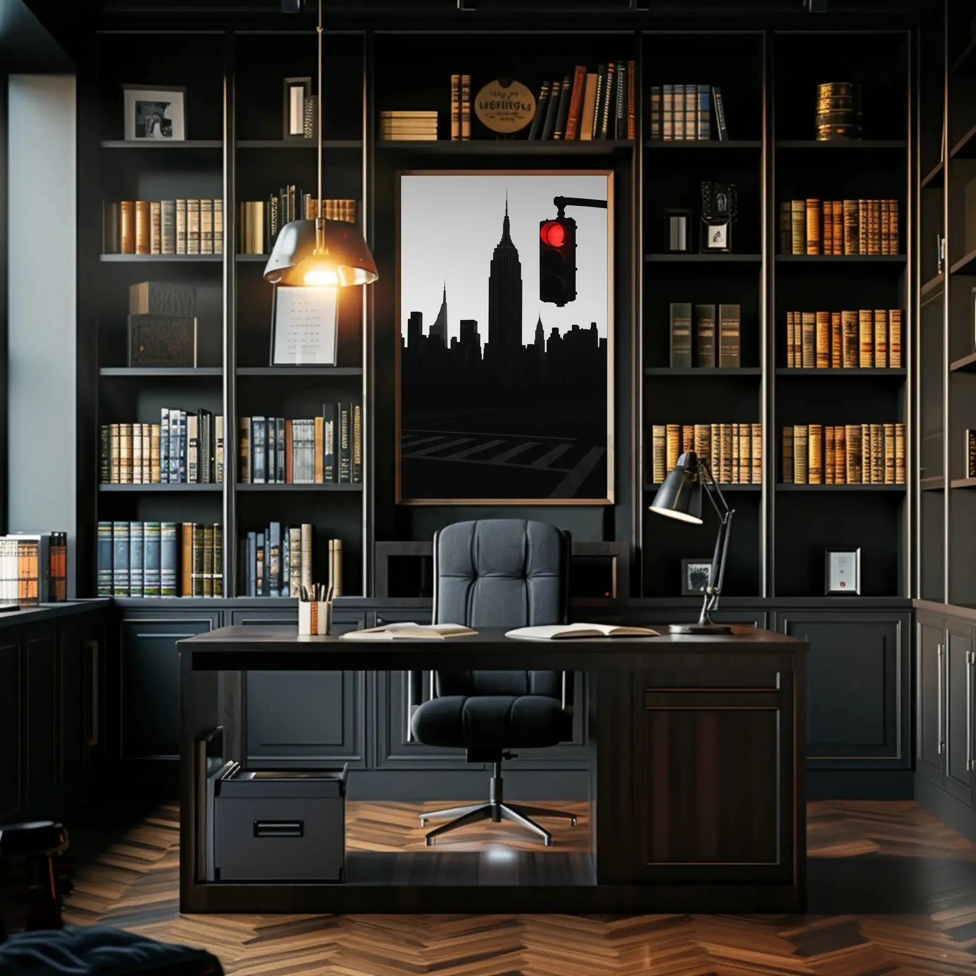New York Cityscape Pause with Red Light Travel Poster PosterGoat
