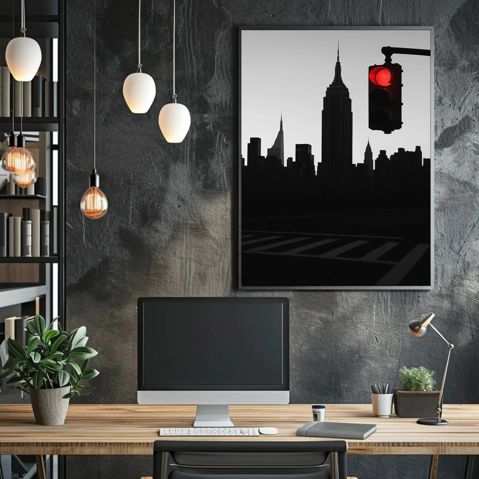 New York Cityscape Pause with Red Light Travel Poster PosterGoat