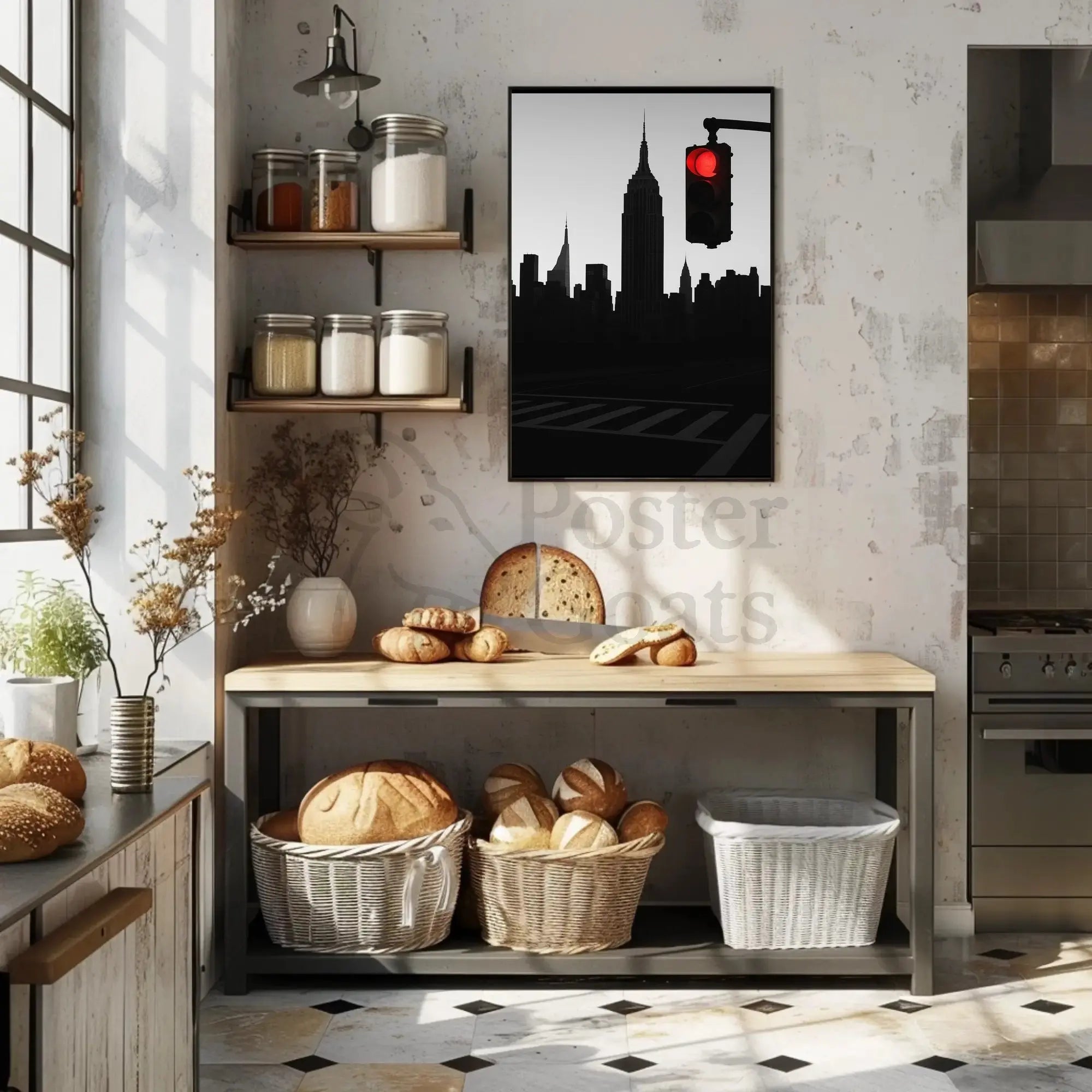 New York Cityscape Pause with Red Light Travel Poster PosterGoat