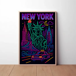 New York Neon Skyline Travel Poster PosterGoat