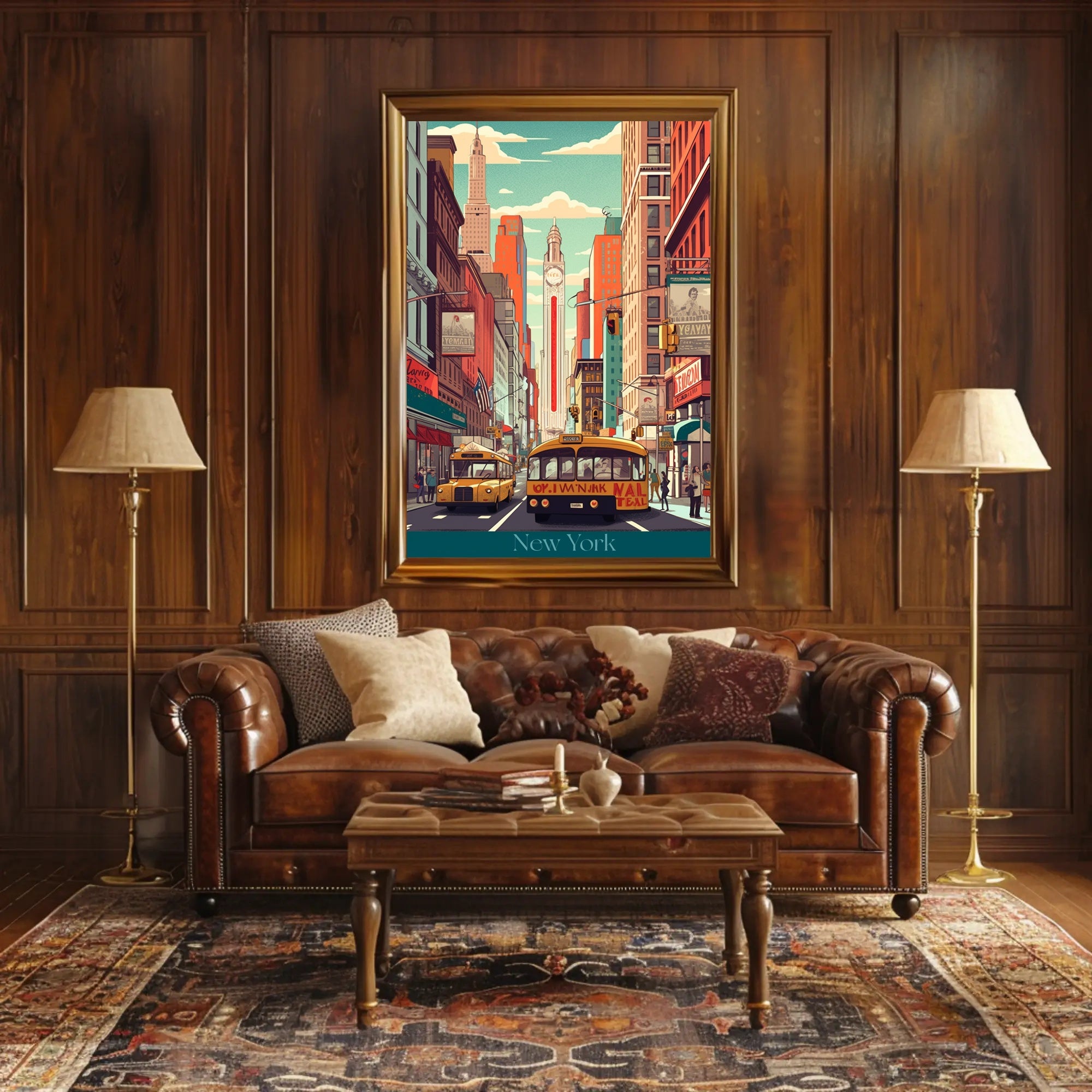 New York Street Scene Retro Urban Cityscape Poster PosterGoat