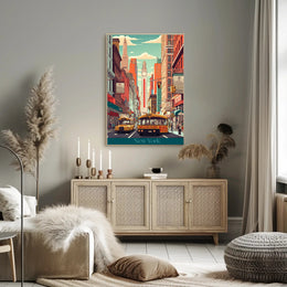 New York Street Scene Retro Urban Cityscape Poster PosterGoat