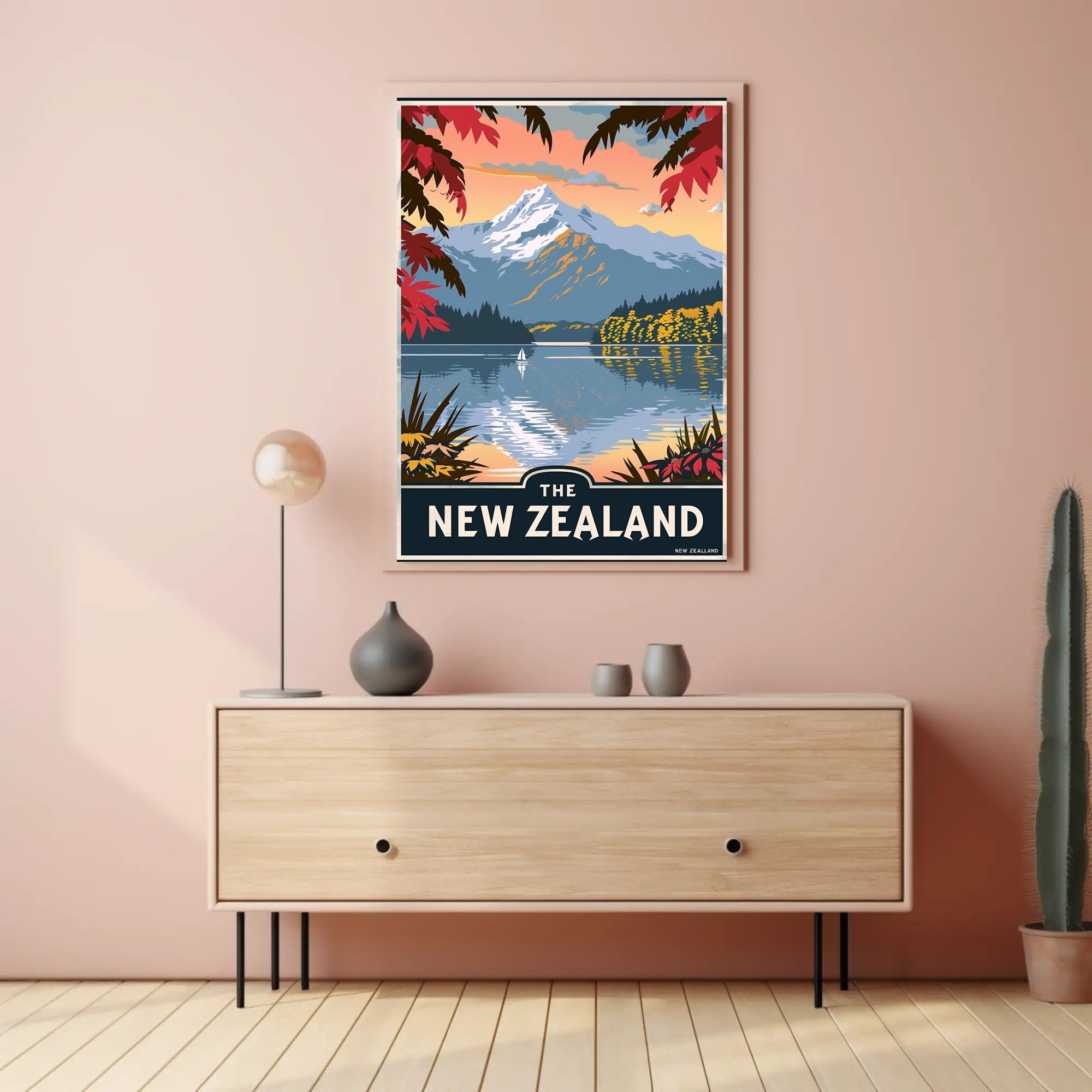 New Zealand Serene Lake Vintage Travel Poster PosterGoat