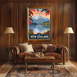 New Zealand Serene Lake Vintage Travel Poster PosterGoat