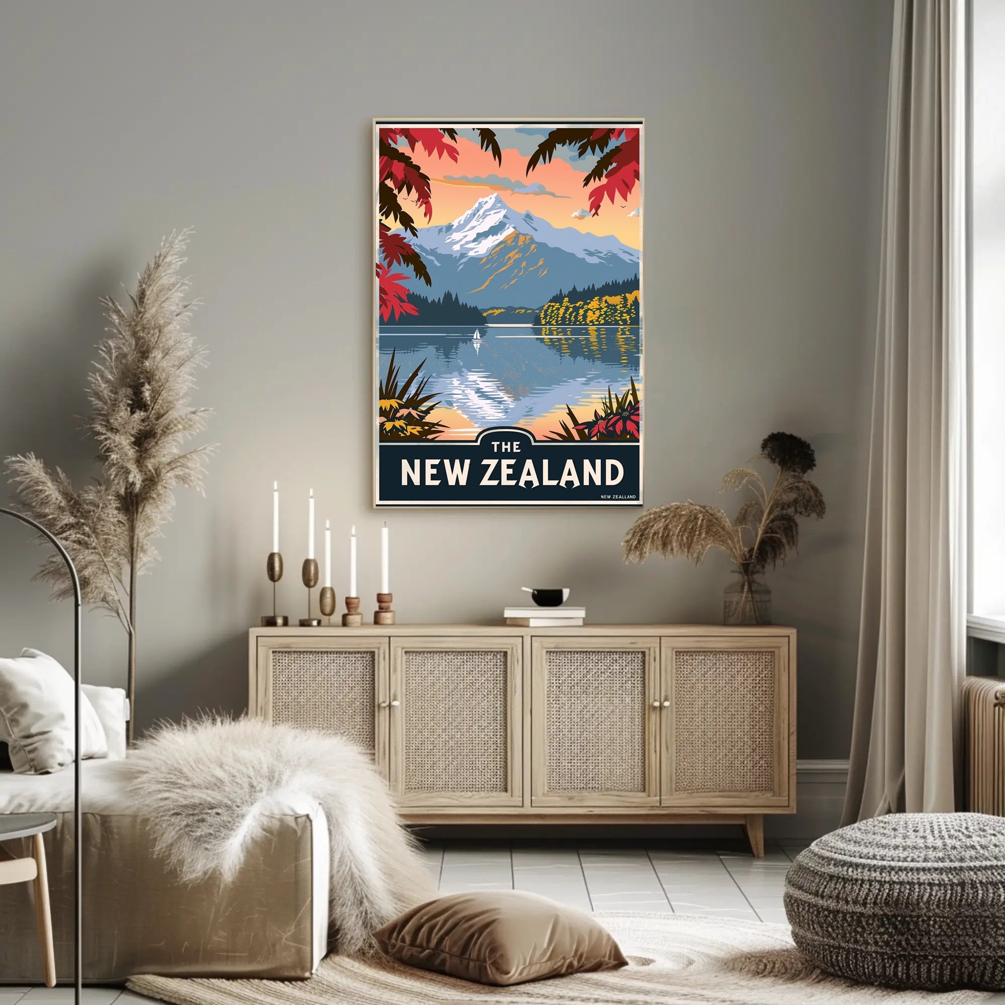 New Zealand Serene Lake Vintage Travel Poster PosterGoat