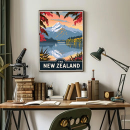 New Zealand Serene Lake Vintage Travel Poster PosterGoat
