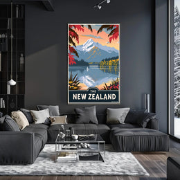 New Zealand Serene Lake Vintage Travel Poster PosterGoat