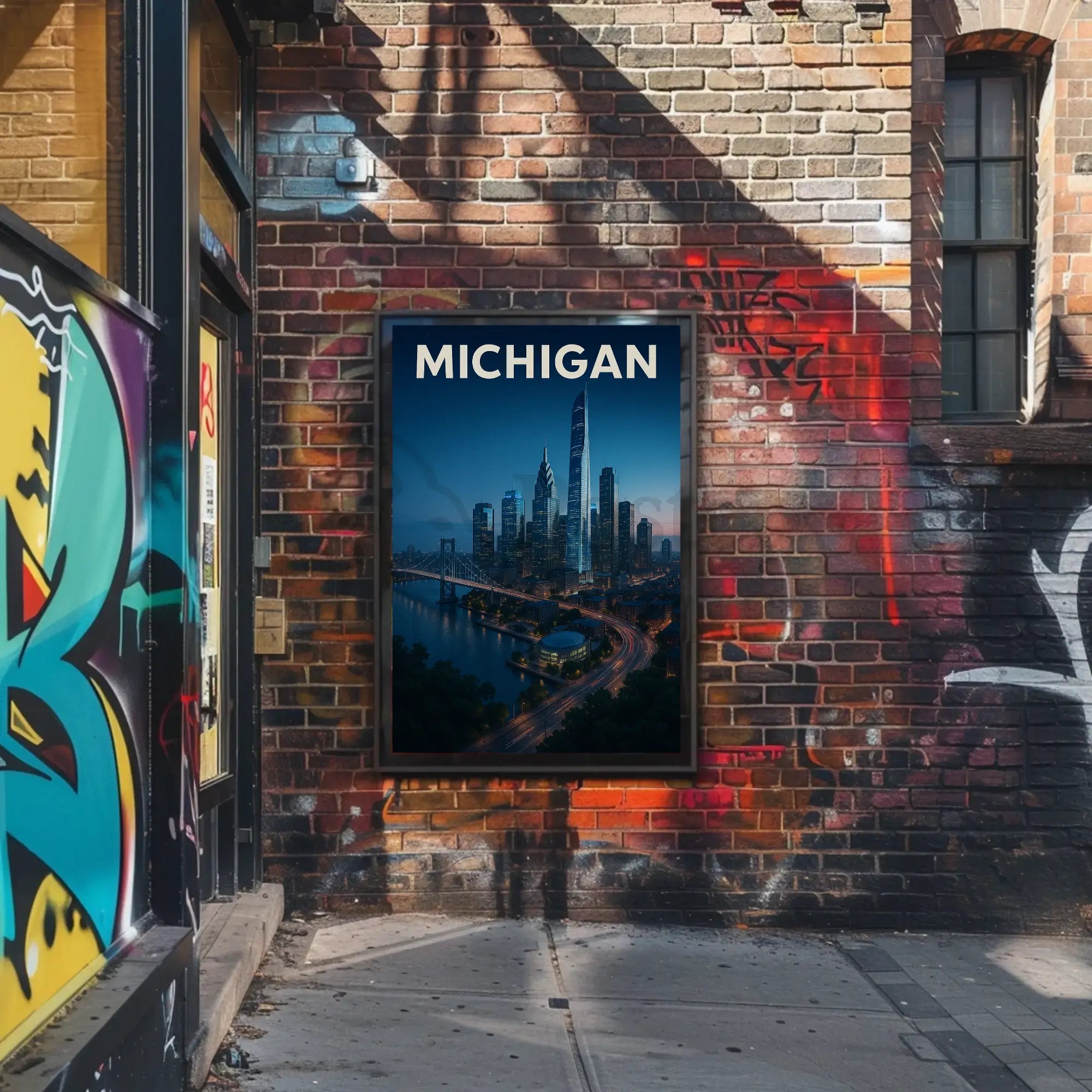 Nighttime Michigan Cityscape Vibrant Urban Travel Poster PosterGoat