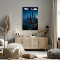 Nighttime Michigan Cityscape Vibrant Urban Travel Poster PosterGoat