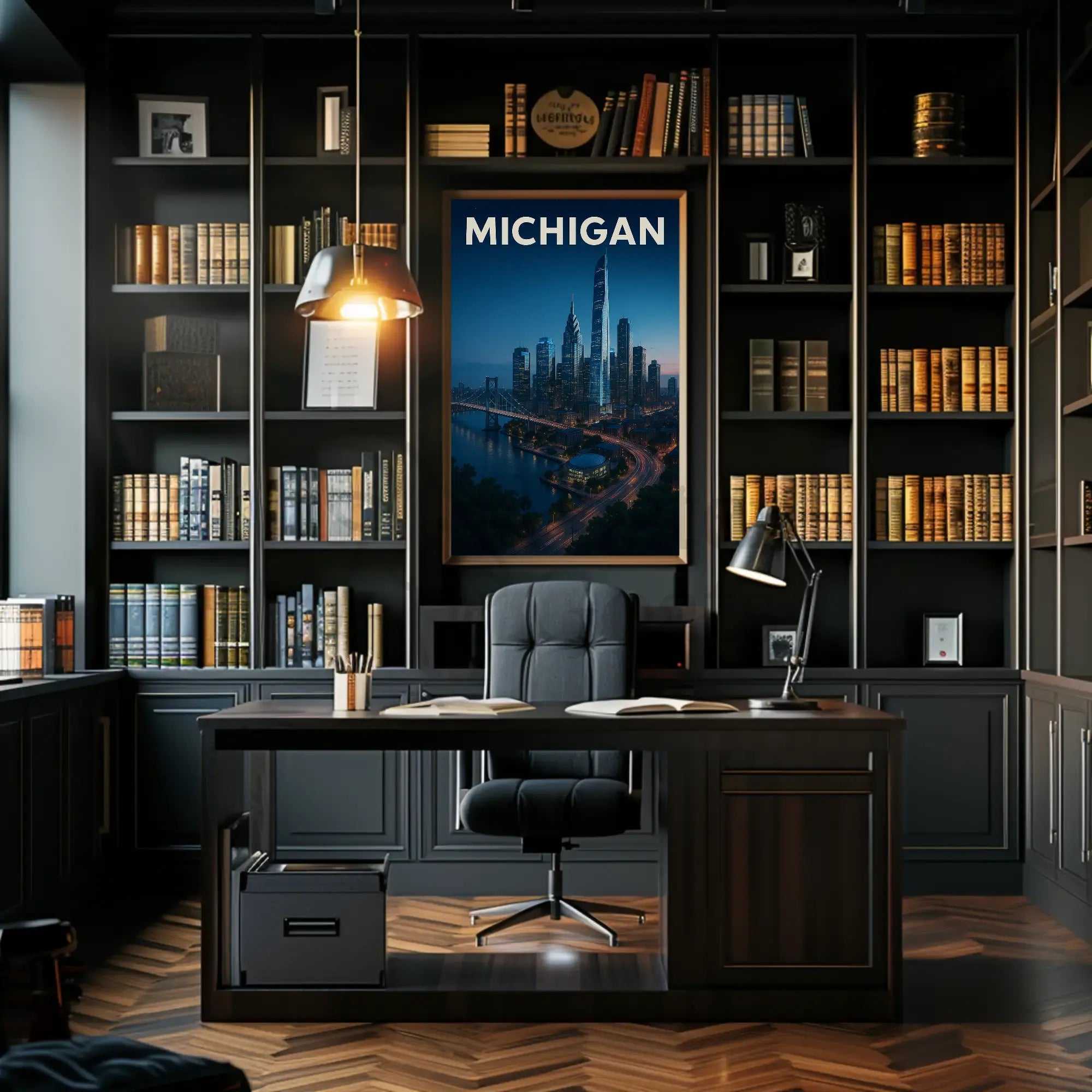 Nighttime Michigan Cityscape Vibrant Urban Travel Poster PosterGoat
