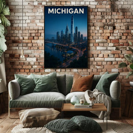 Nighttime Michigan Cityscape Vibrant Urban Travel Poster PosterGoat