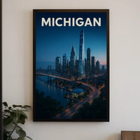 Nighttime Michigan Cityscape Vibrant Urban Travel Poster PosterGoat