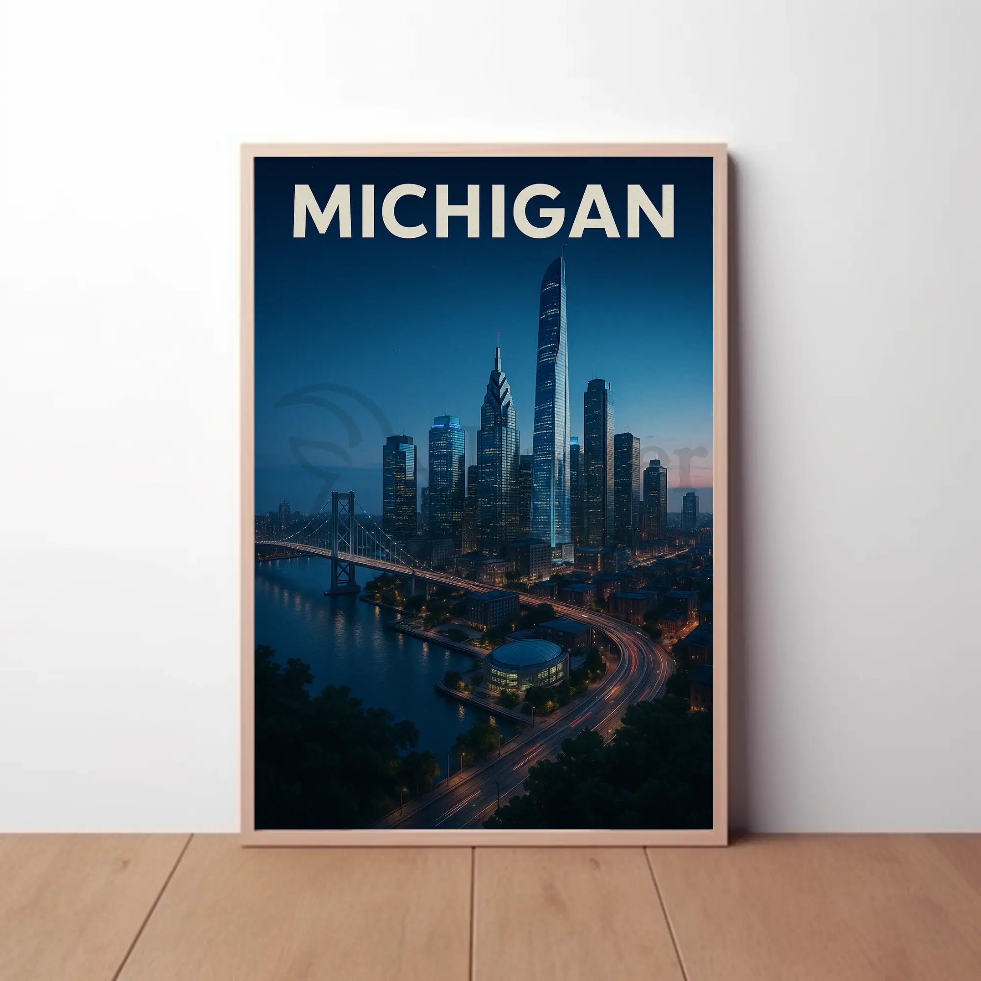 Nighttime Michigan Cityscape Vibrant Urban Travel Poster PosterGoat