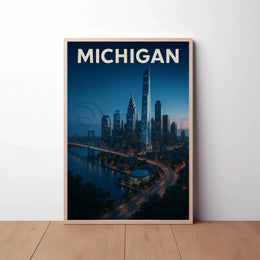 Nighttime Michigan Cityscape Vibrant Urban Travel Poster PosterGoat