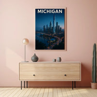 Nighttime Michigan Cityscape Vibrant Urban Travel Poster PosterGoat
