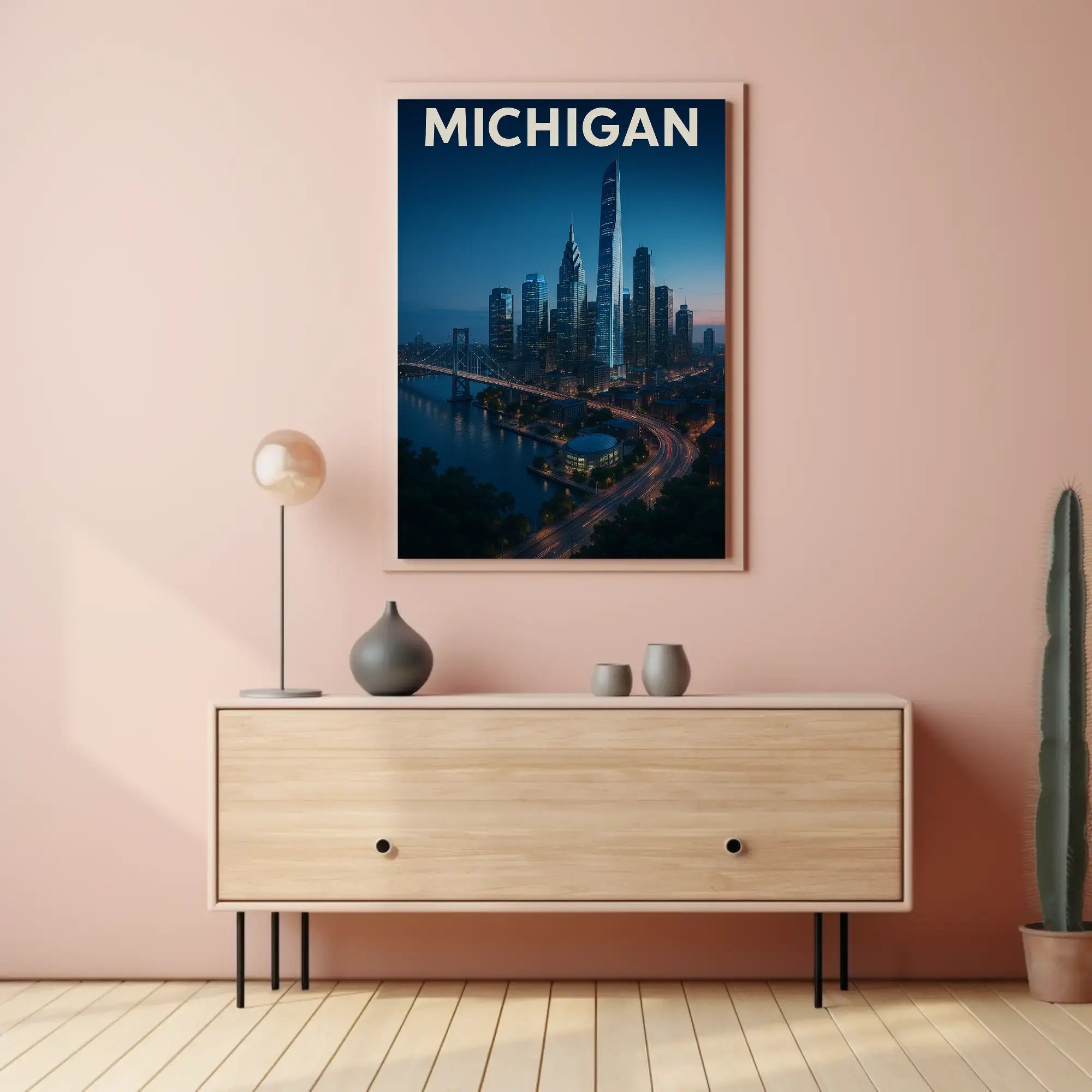 Nighttime Michigan Cityscape Vibrant Urban Travel Poster PosterGoat
