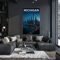 Nighttime Michigan Cityscape Vibrant Urban Travel Poster PosterGoat