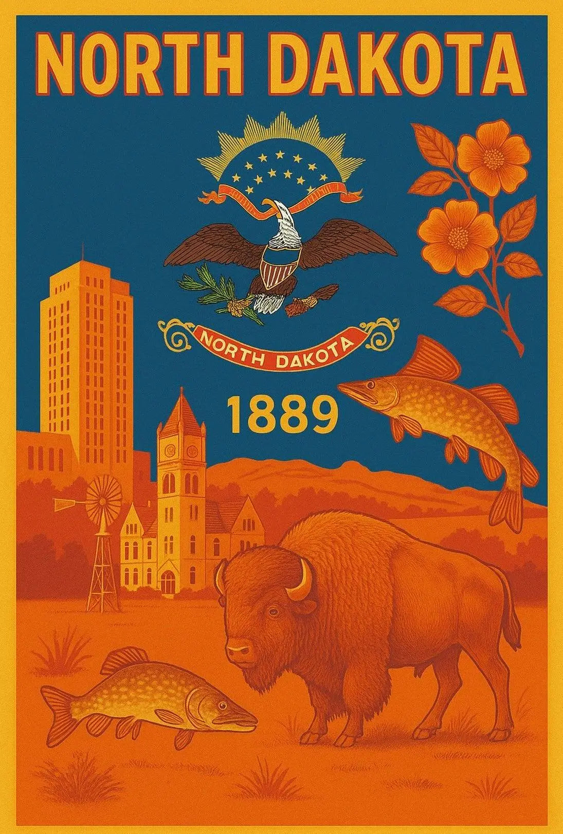 North Dakota Heritage Symbols Vintage Cultural or Heritage Poster PosterGoat