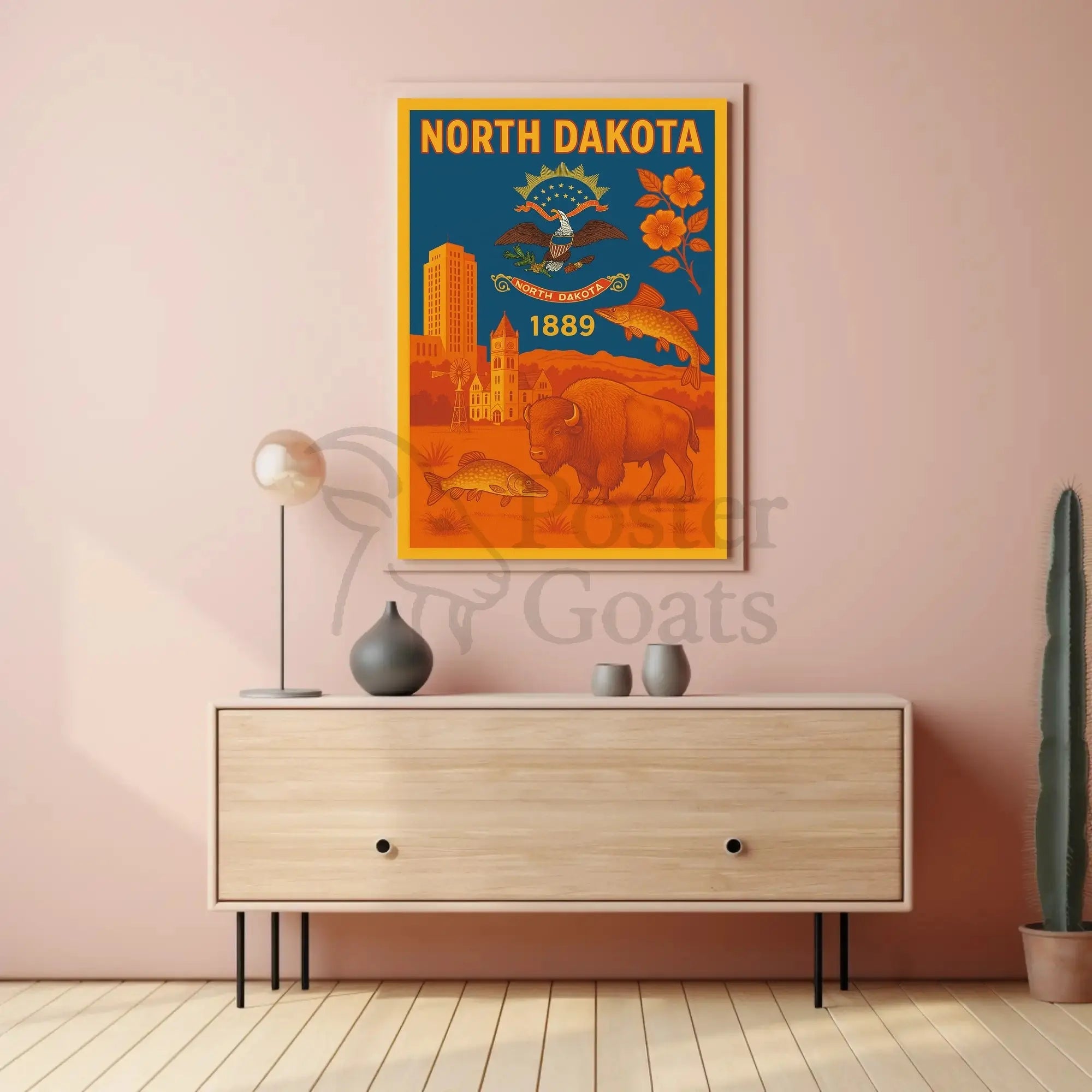 North Dakota Heritage Symbols Vintage Cultural or Heritage Poster PosterGoat