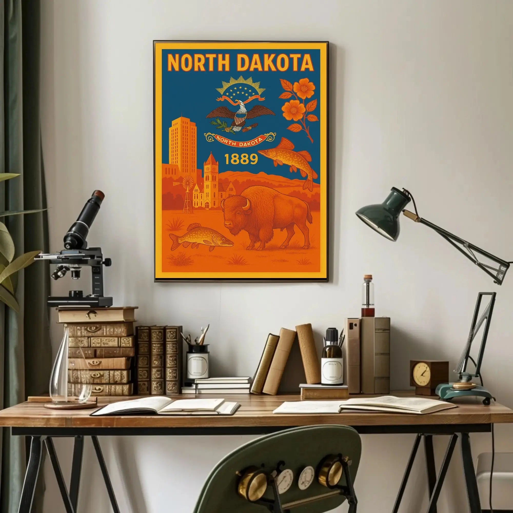 North Dakota Heritage Symbols Vintage Cultural or Heritage Poster PosterGoat