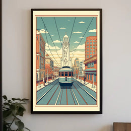 Nostalgic Streetcar Journey Through Retro Urban Cityscape Poster PosterGoat