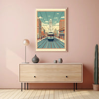 Nostalgic Streetcar Journey Through Retro Urban Cityscape Poster PosterGoat