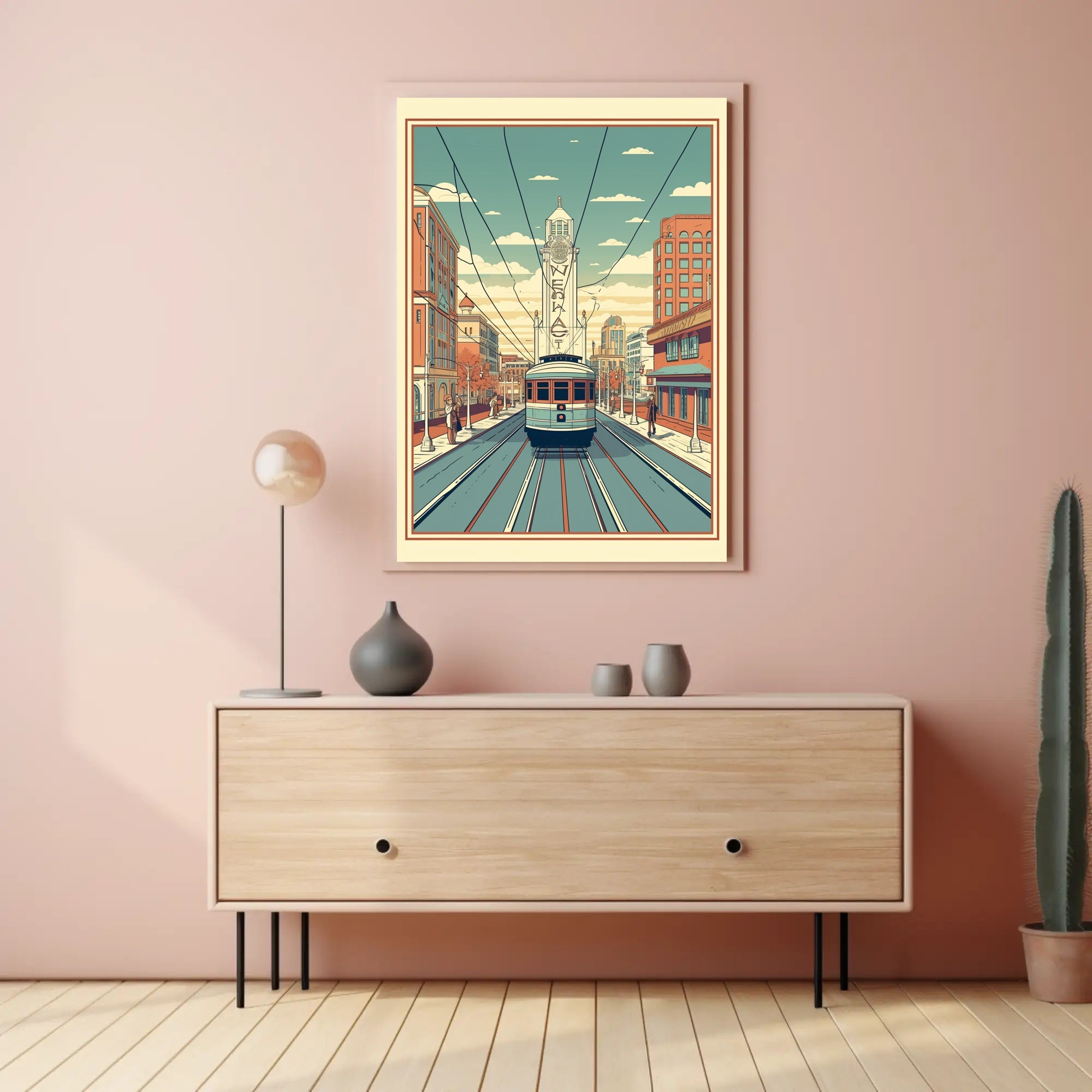 Nostalgic Streetcar Journey Through Retro Urban Cityscape Poster PosterGoat