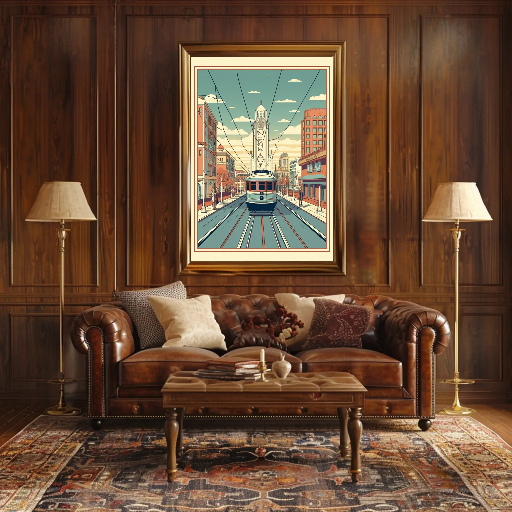 Nostalgic Streetcar Journey Through Retro Urban Cityscape Poster PosterGoat