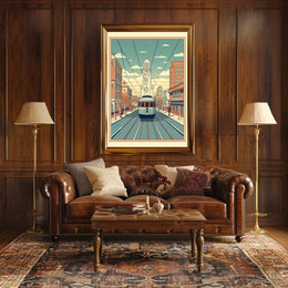 Nostalgic Streetcar Journey Through Retro Urban Cityscape Poster PosterGoat