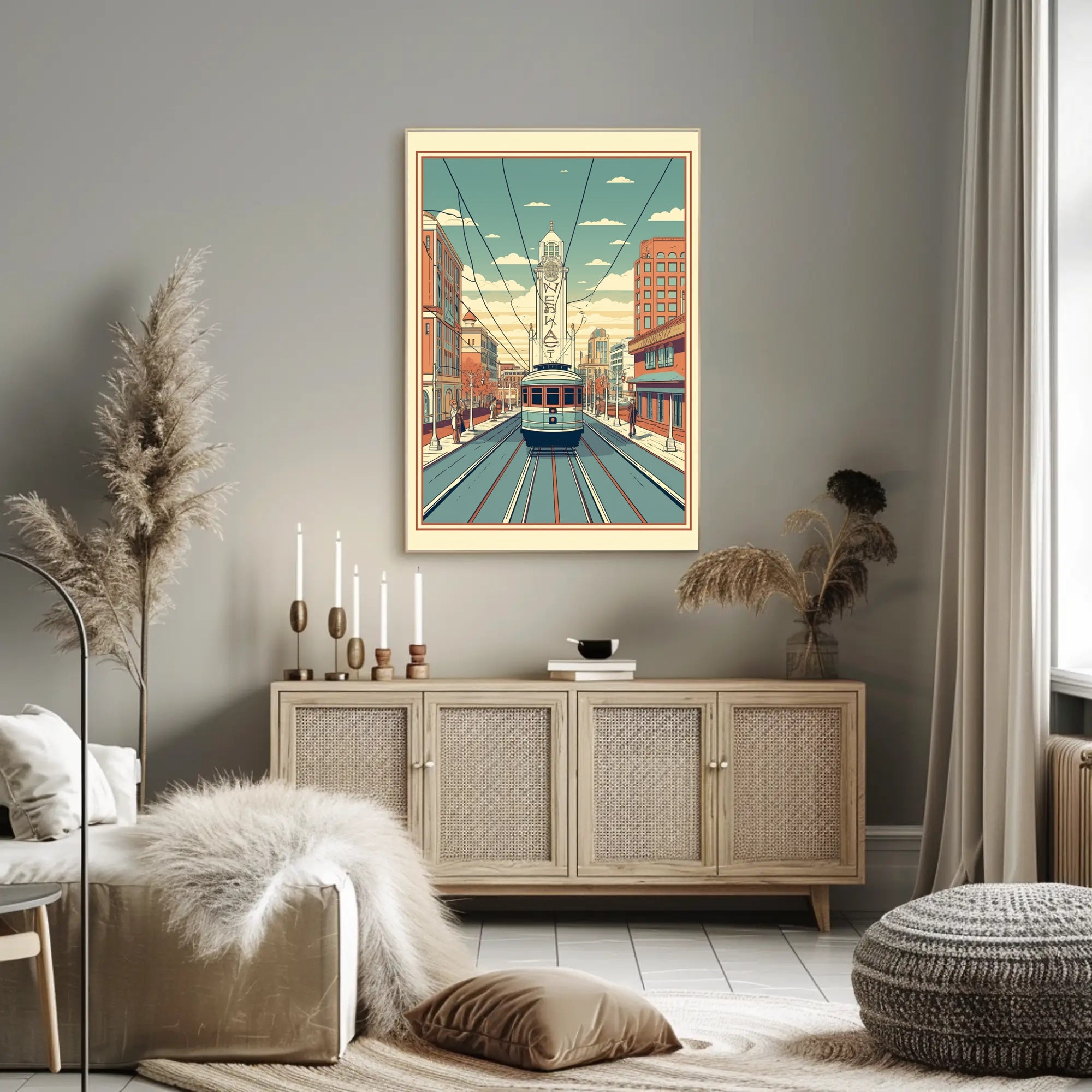 Nostalgic Streetcar Journey Through Retro Urban Cityscape Poster PosterGoat