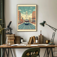 Nostalgic Streetcar Journey Through Retro Urban Cityscape Poster PosterGoat