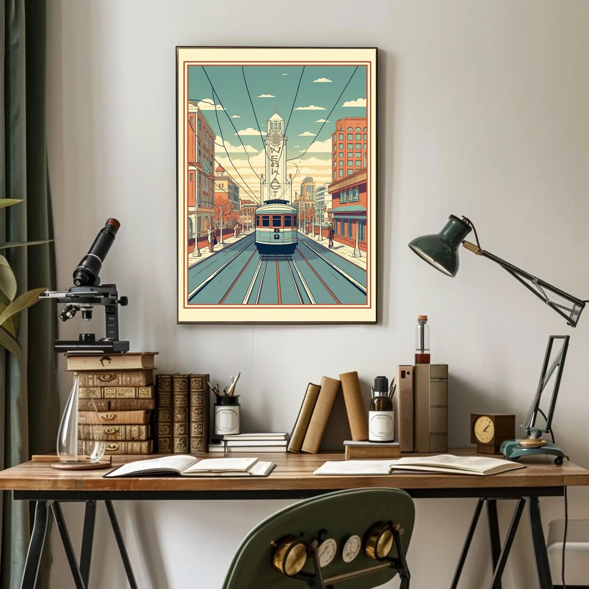 Nostalgic Streetcar Journey Through Retro Urban Cityscape Poster PosterGoat
