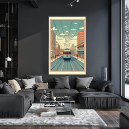 Nostalgic Streetcar Journey Through Retro Urban Cityscape Poster PosterGoat