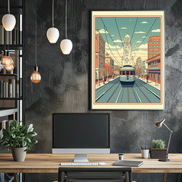 Nostalgic Streetcar Journey Through Retro Urban Cityscape Poster PosterGoat