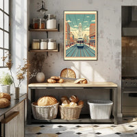 Nostalgic Streetcar Journey Through Retro Urban Cityscape Poster PosterGoat