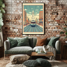 Nostalgic Streetcar Journey Through Retro Urban Cityscape Poster PosterGoat