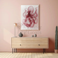 Octopus Illustration in Red and White Animal Poster PosterGoat