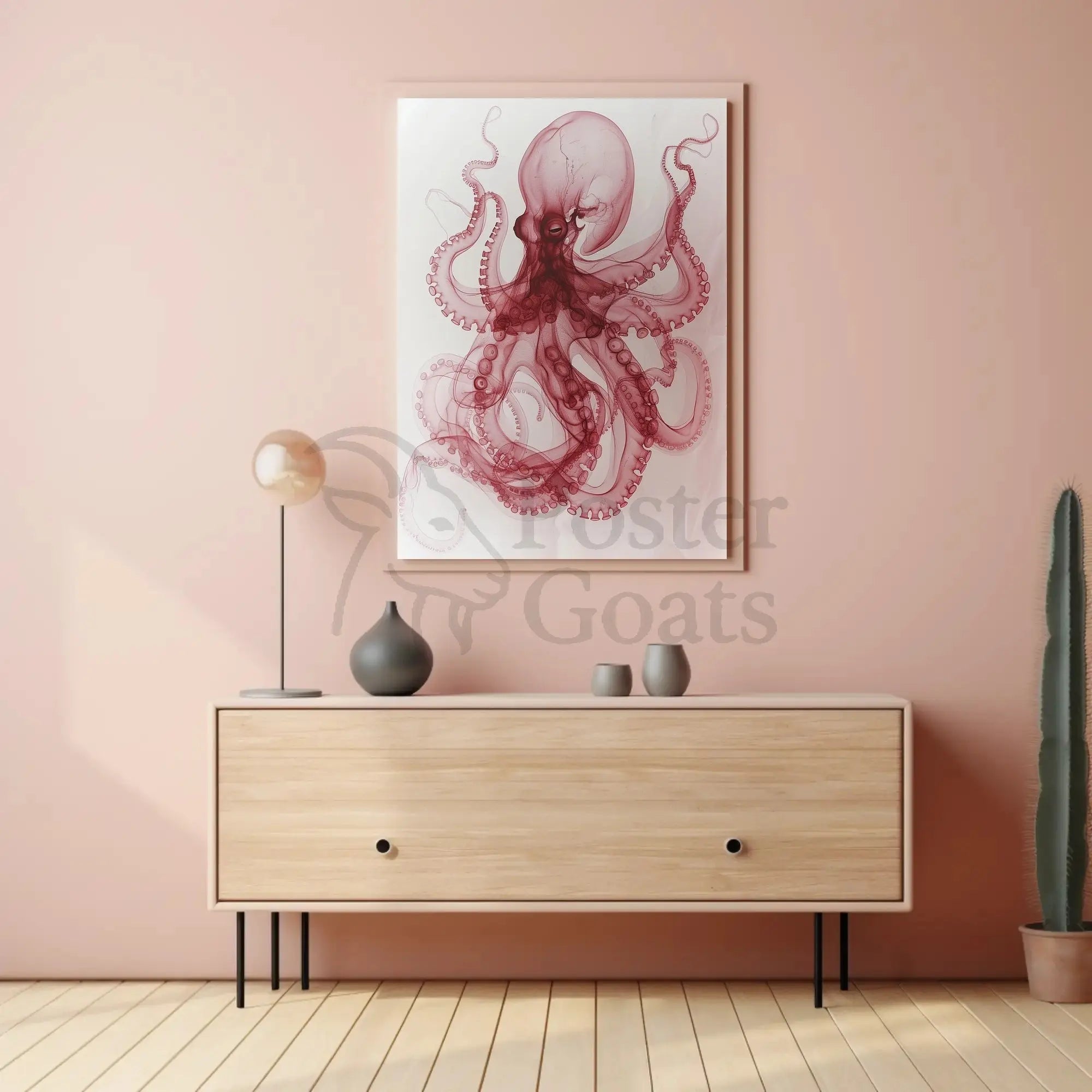 Octopus Illustration in Red and White Animal Poster PosterGoat