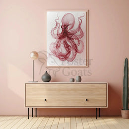 Octopus Illustration in Red and White Animal Poster PosterGoat