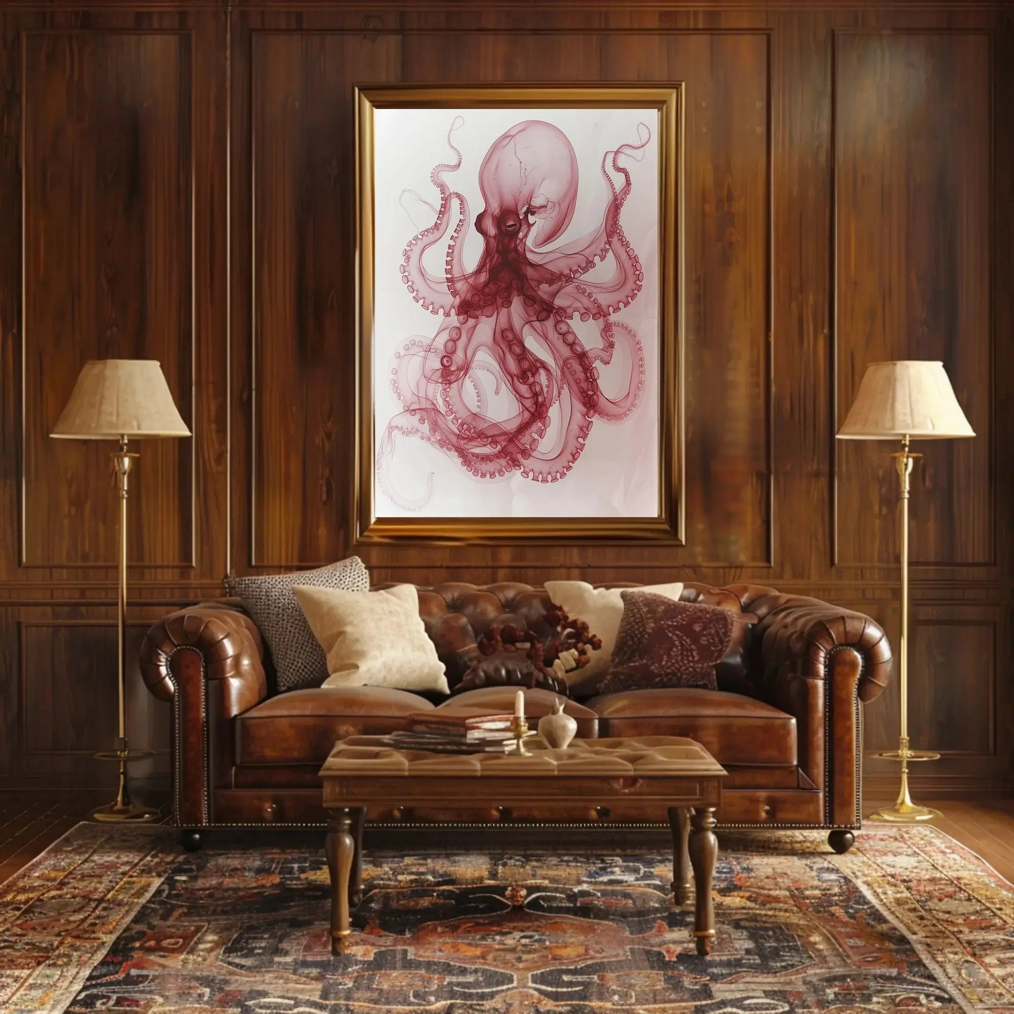 Octopus Illustration in Red and White Animal Poster PosterGoat