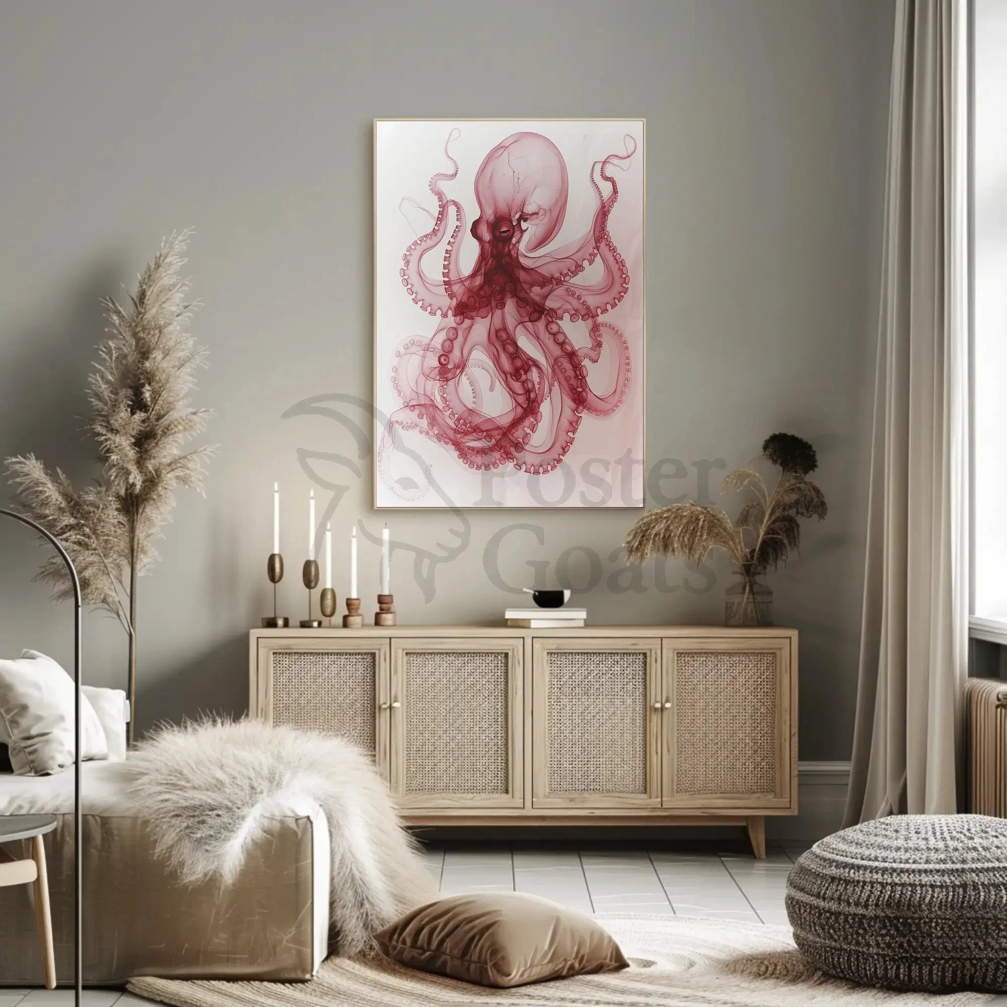 Octopus Illustration in Red and White Animal Poster PosterGoat